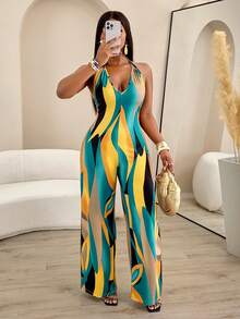 AIJ Amarilo Women's Sexy Casual Minimalist Daily Floral Print Deep V-Neck Backless Wide Leg Jumpsuit (Random Print) Summer Elegant - Yellow Blue - View 3