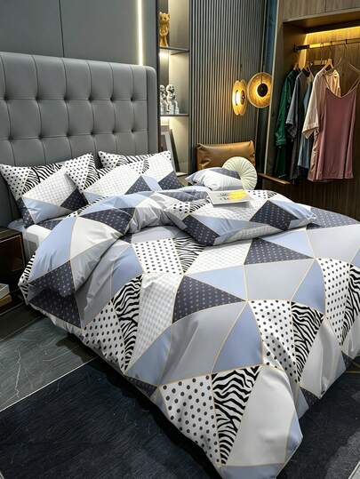 Bộ 3 món ga trải giường và vỏ gối họa tiết tam giác hình học hiện đại, họa tiết gối ngẫu nhiên (1 ga trải giường + 1/2 vỏ gối không kèm ruột gối), bộ chăn ga gối mềm mại, ấm áp và thoải mái cho phòng ngủ, phòng khách, ký túc xá.
