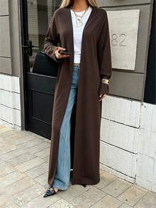 Ribbed Knit Long Cardigan Jacket, Loose Drape Silhouette Long Sleeve Washable Outerwear, Versatile Wardrobe Essential Recommended By Celebrities & Bloggers, Suitable For Business, Casual, Valentine's Day Party, Workdays, Weekends, And Holidays Spring - Coffee Brown - View 4