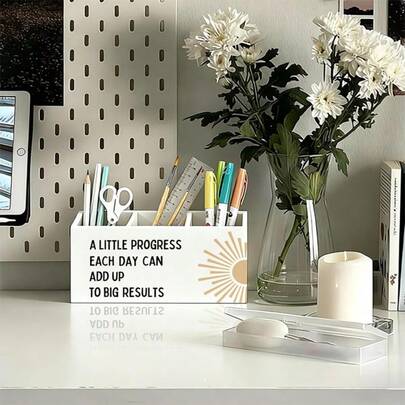 1pc Acrylic Transparent Desktop Makeup Brush Holder, Square Pen Cup, Home Decor, Suitable For Bathroom, Office Supply Storage Box, Cosmetic Bag, Vanity
