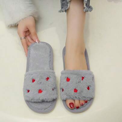 Heart Embroidered Women's Slippers, Fashionable & Cute Fluffy Open Toe Slip-On Slippers, Warm Indoor Outdoor Slippers For Spring, Summer, Autumn, Winter