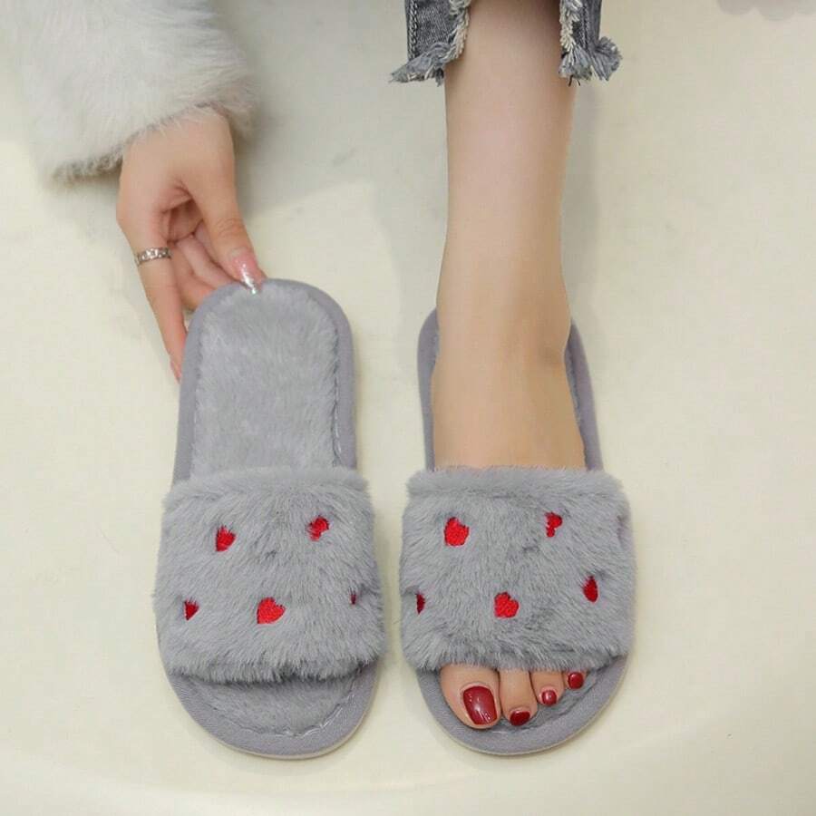 女款愛心刺繡毛絨露趾拖鞋,時尚可愛居家與戶外穿著,四季保暖,秋冬孕婦鞋 - 灰色 - 查看 1