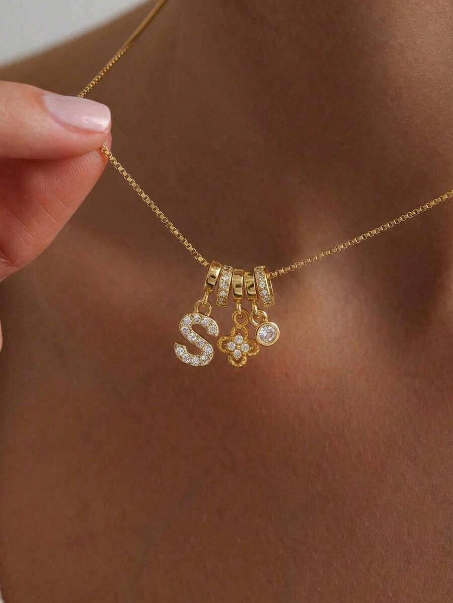 1 chiếc vòng cổ mặt dây chuyền hình vuông tối giản phong cách Bohemian thanh lịch, đa năng, đính đá Zirconia, chữ cái A-Z, cỏ bốn lá và mặt dây chuyền pha lê tròn, chất liệu thép không gỉ, thích hợp đeo hàng ngày cho nữ/bé gái, làm quà tặng trang sức, phụ kiện dự tiệc, quà sinh nhật, quà lễ hội âm nhạc. - Vàng - Xem 1