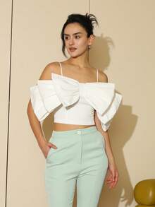 Solid Color Bow Decor Fitted Cropped Camisole, Summer Casual White - White - View 1