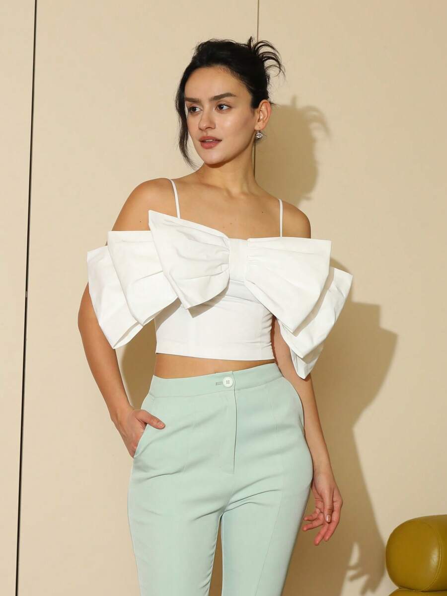 Solid Color Bow Decor Fitted Cropped Camisole, Summer Casual White - White - View 1