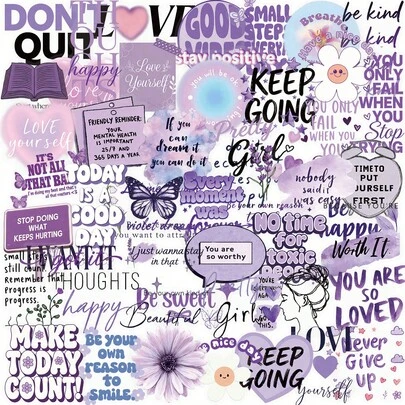 50张紫色励志透明2D复古涂鸦贴纸，适用于水瓶、吉他、行李箱、手机、手机壳、笔记本电脑、滑板等，可作礼物。