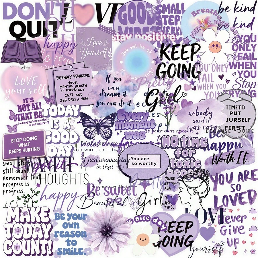 50张紫色励志透明2D复古涂鸦贴纸，适用于水瓶、吉他、行李箱、手机、手机壳、笔记本电脑、滑板等，可作礼物。 - A - 查看 1