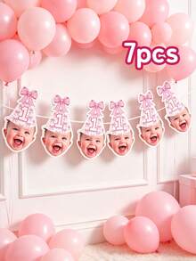 7/14/21件套可定制一周岁生日派对装饰 - 个性化宝宝照片装饰 | 一周岁生日派对装饰 | 粉色蝴蝶结生日帽装饰 | 迎婴派对/性别揭晓派对横幅、旗帜、拍照背景、生日礼物 - 粉色 - 查看 9