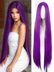 40英寸长直发cosplay假发，中分，中分金色/粉色/玫瑰红/紫色可选，耐热合成假发 - 彩色 - 查看 20