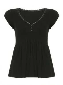 Lace Patchwork V-Neck Buttoned Waist-Cinching Ruched Short-Sleeve Summer A-Line T-Shirt Top - màu đen - Xem 5