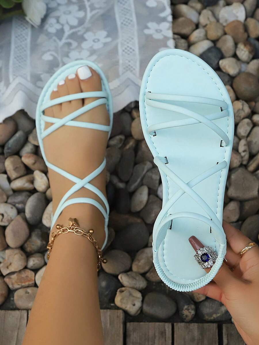 新款时尚平底套脚凉鞋，夏季罗马风露趾编织带无后跟平底鞋，舒适休闲鞋，适合日常穿着，时尚露趾设计，透气百搭，交叉绑带平底凉鞋，黑色、米色、卡其色、绿色 - 薄荷綠 - 查看 1