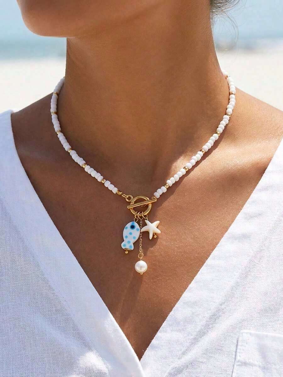 1pc Summer Beach Style Ceramic Fish, Starfish, Tassel, Pearl Beads OT Clasp Necklace, Suitable For Women As Vacation Accessory, Date, Gift - Nhiều màu 5 - Xem 1
