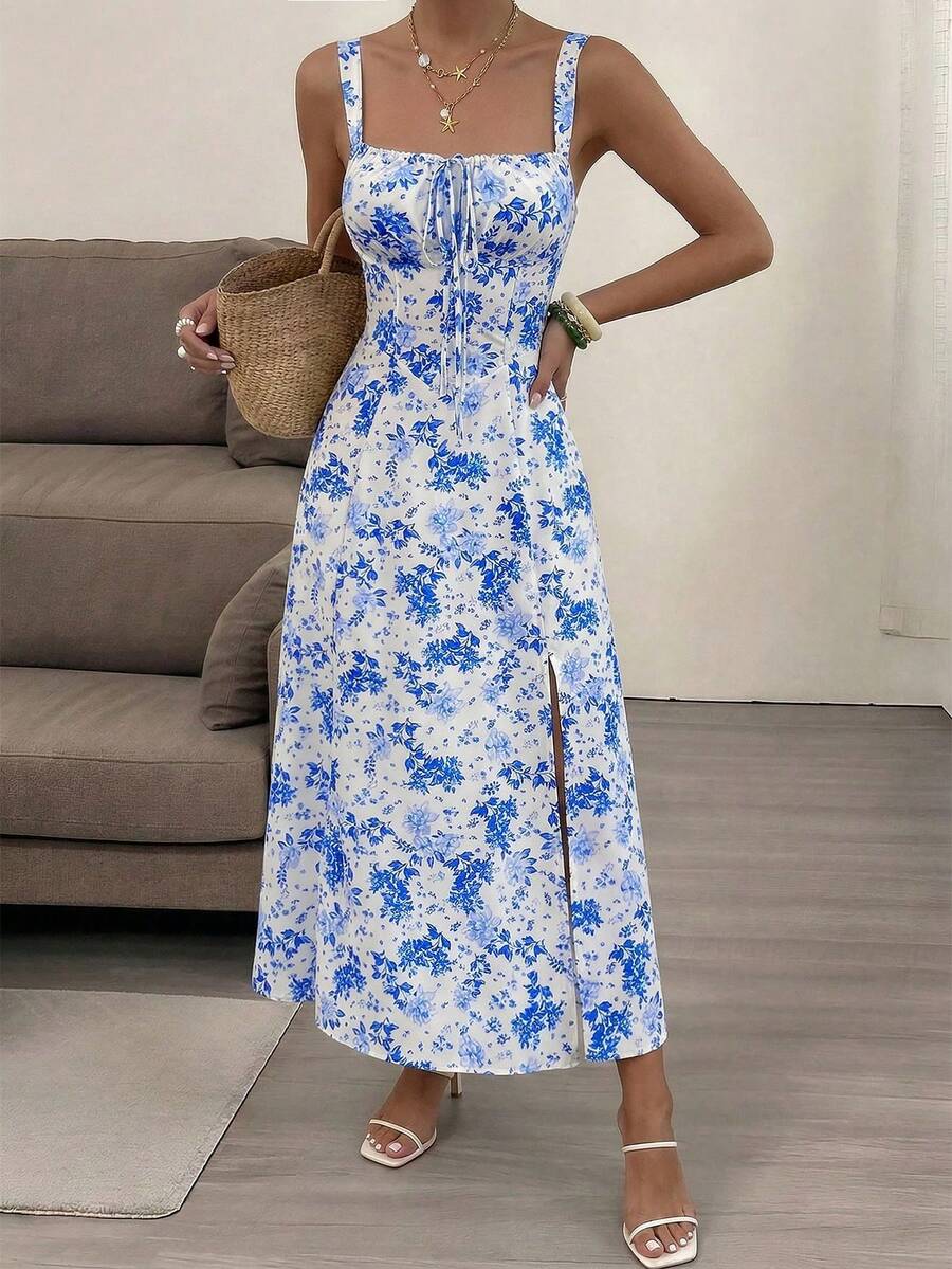 Đầm maxi Unadoll dành cho nữ, kiểu dáng thanh lịch, màu xanh dương và trắng, họa tiết hoa, dây mảnh, cổ vuông, eo thắt dây, hở lưng, xẻ đùi. - Màu xanh lam - Xem 1