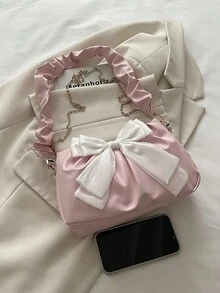 Bow Decor Pleated Chain Shoulder Bag - Pink - View 2