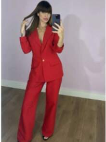 Women's Plus Size Set: Blazer And Wide Leg Pants, Linen Fabric - 紅色 - 查看 1