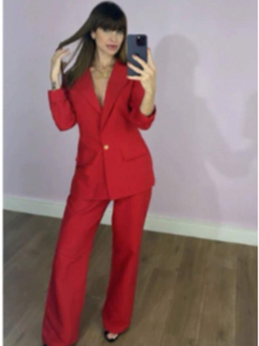 Women's Plus Size Set: Blazer And Wide Leg Pants, Linen Fabric - 紅色 - 查看 1