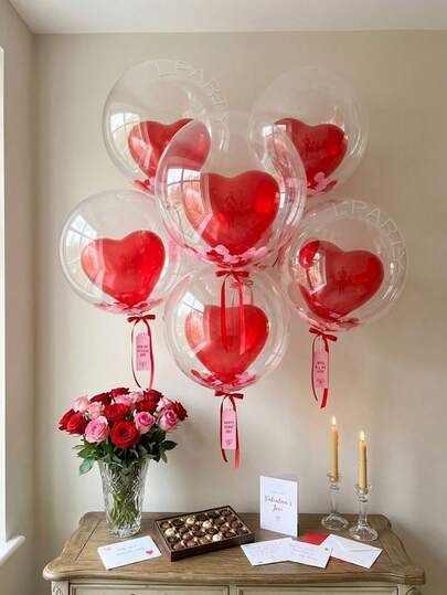 6pcs/10pcs Valentine's Day Romantic Balloon Set | 18-Inch Clear Bubble Balloons + 10-Inch Red Heart Balloons | Boyfriend Surprise Party Decor | June 12th Gift | Romantic Atmosphere Decor Props, Anniversary, Singles Party, Girlfriend Birthday, Photo Backdrop