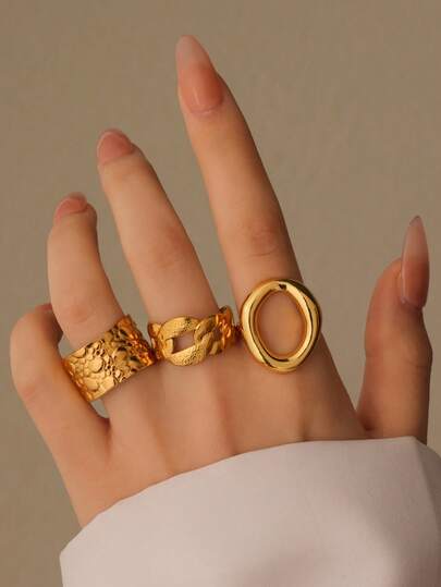 Set de 3 anillos abiertos en forma de O minimalistas de acero inoxidable, chapados en oro de 18K, adecuados para el uso diario de las mujeres, regalo para amigas, hermanas, familia