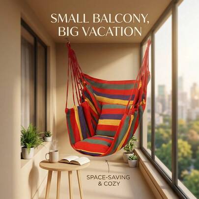 Silla colgante de lona a rayas con estilo bohemio, con cojín y almohada gruesos, adecuada para interiores, exteriores, patios, jardines, relajante y cómoda como hamaca