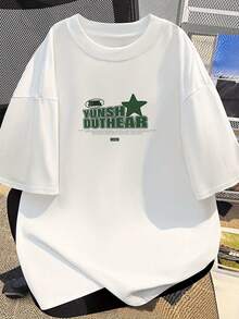 Camiseta de Algodón de Nueva  2025, Patrón de Estrella de Cinco Puntas Verde, Corte Holgado, Unisex, Manga Corta - Negro - Ver 5