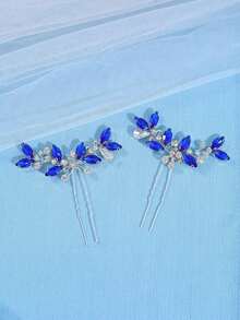 2pcs Women Elegant Crystal Tiaras & Hair Clips, Bridal Wedding Hair Accessories Valentine's Day Accessories - Xanh đậm - Xem 2