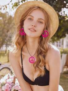 2件套 D EXCEED 1950年代嬉皮士风格和平符号项链和耳环，适合女性复古音乐节服装、迪斯科、万圣节角色扮演 - 彩色 - 查看 3
