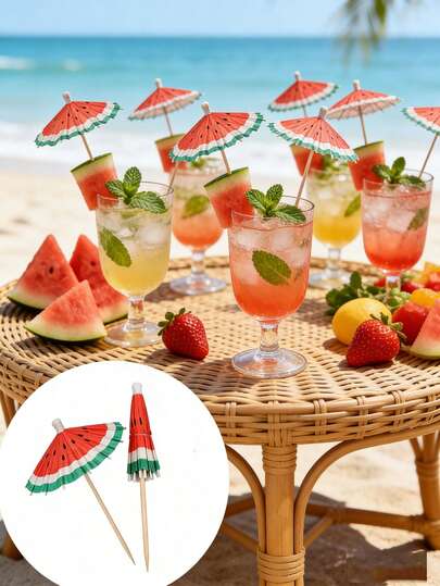 50/100/150 chiếc que cắm trang trí đồ uống, que cắm trang trí cocktail hình dưa hấu, que cắm trang trí hình ô trái cây, que cắm trang trí bánh cupcake cho mùa hè, kiểu Hawaii, tiệc cưới nhiệt đới, tiệc Luau.