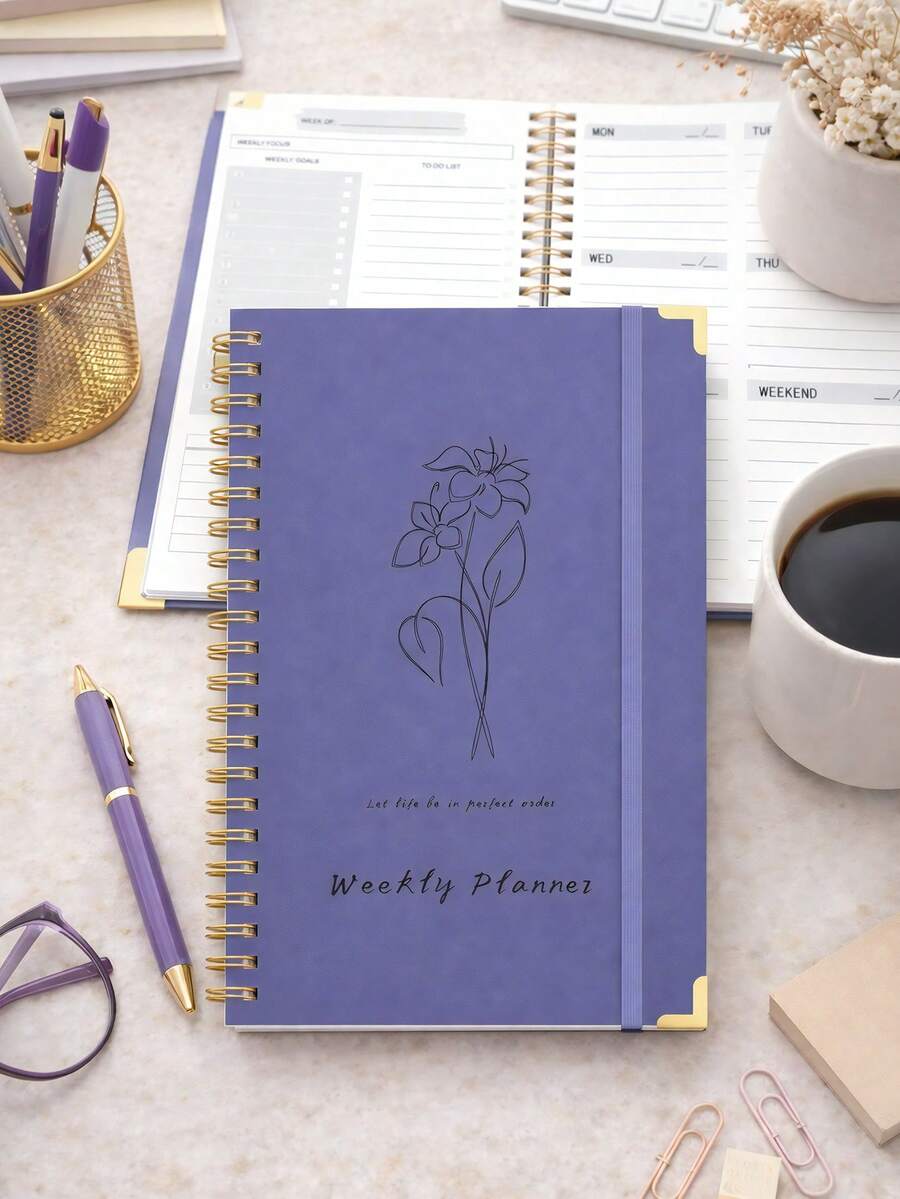 1 pieza Cuaderno planificador semanal rosa, planificador semanal y diario sin fecha mínimo con seguimiento de hábitos y lista de tareas diarias, manténgase organizado y aumente la productividad, útiles escolares, suministros de oficina, regalos para mujeres - Púrpura - Ver 1