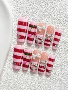 10Pcs Sweet And Edgy Style Handmade Nail Art Set,Unghie Press On,Bow, Cutout Heart,Stripes, Cherries,Red And Pink Nail Polish,Includes Nail Tools,3 Sizes Available,Almond Nails , Duck Nails,Coffin Nails For Party, Dance, Daily Wear - 彩色 - 查看 14