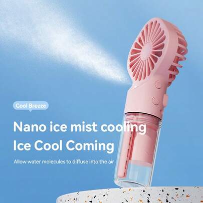 便携式USB雾化风扇，四档风速，静音强劲风力，二合一加湿器和冷风机，可充电桌面/手持两用风扇，适合学生、上班族、户外旅行，800mAh电池