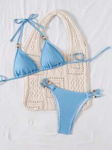 Women's Swimwear Set, Light Blue Textured Fabric Halter Neck Triangle Bikini 2-Piece, Beaded Decor, Versatile Beach Vacation Swimwear Summer - Blue - View 3