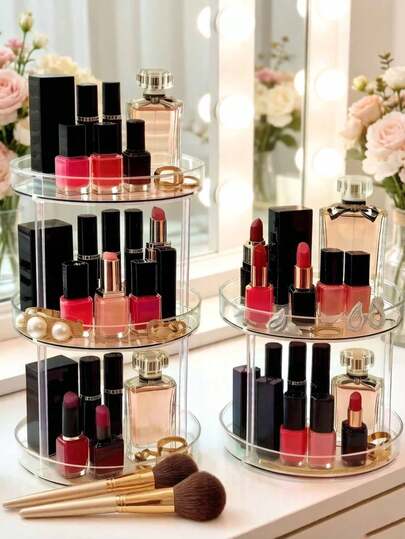一款透明旋转多层桌面化妆品收纳盒，适用于护肤品、香水、化妆品、房间装饰、家居装饰、化妆品收纳、珠宝收纳架、香水收纳盒、珠宝收纳盒、珠宝收纳、婚礼合约珠宝架，是返校季的必备品。