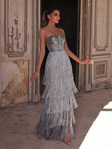 Faeriesty Women's Elegant Sequin Strapless Dress, Multi-Layer Fringe Hem | Luxury Evening Gown Suitable For Galas, Weddings Or Formal Occasions, Summer Vacation Outfit Party Spring - Grey - View 5