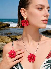 Betykuku Set de 4 piezas de pendientes y anillo con colgante de flores coloridas en estilo bohemio, regalo para mujeres y niñas, adecuado para la playa, vacaciones, uso casual y fiestas - Conjunto floral de tres piezas - Ver 6