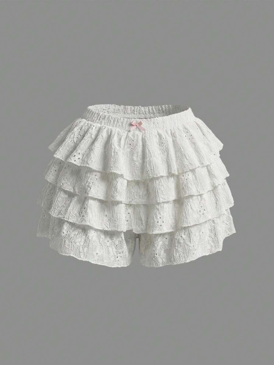 Quần short nữ mùa hè kiểu dáng thường ngày, màu trơn, xếp lớp, bèo nhún, dáng rộng. - Màu be - Xem 1