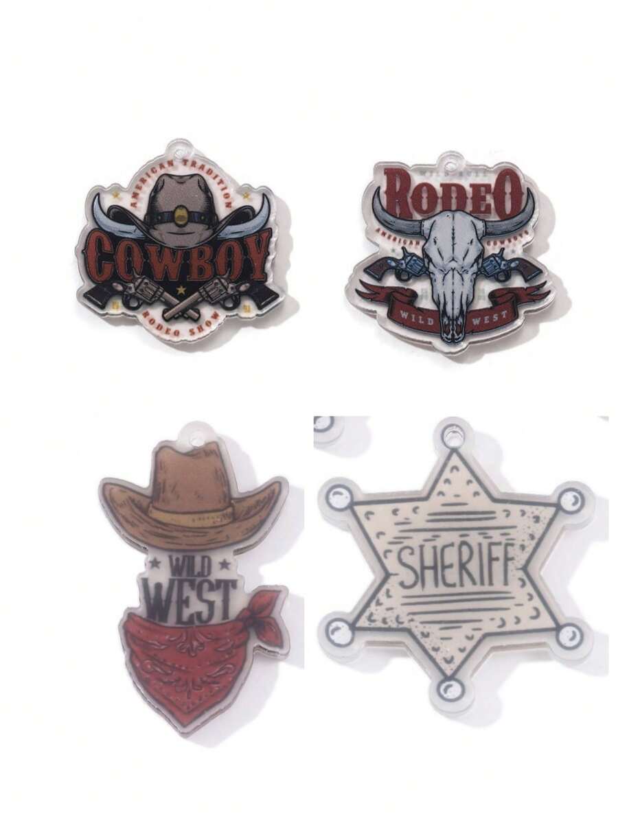 5件套西部牛仔风格亚克力双面印花牛仔帽和牛头DIY夸张个性化耳环吊坠配饰 - 彩色 - 查看 1