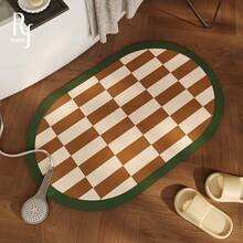 Oval-Shaped Bathroom Mat In White And Brown Plaid, French Retro Style. Bathroom Rug, Bathroom Carpet, Door Mat, Small Rug, Carpet, Mat, Home Decor, Area Rug, Outdoor Mat, Home Decor, Area Carpet, Bedroom Carpet, Washable Rug - Multicolor - View 4