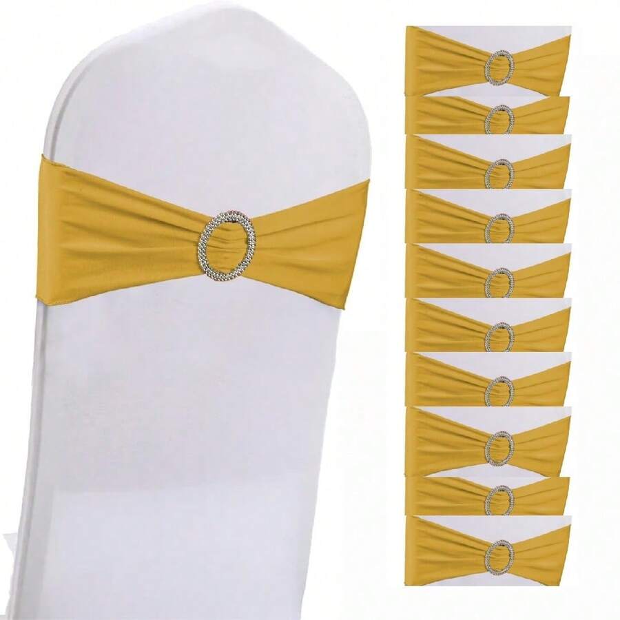 10pcs Elastic Chair Bows With Round Buckle Sliders, Spandex Chair Sashes For Graduation, Dance, Wedding, Party Decoration - Gold - View 1