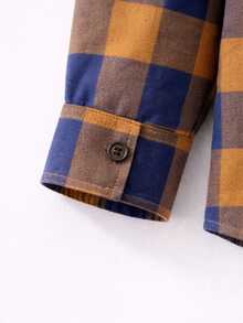 Unisex Flannel Plaid Shirt For Children, Long Sleeves, For June Festivals, Long-Sleeved Plaid Shirt - 芥末黃 - 查看 6