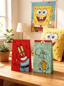 SpongeBob SquarePants 一套 12 个主题派对礼品袋，附赠 12 个圆形封口贴纸，可收藏的牛皮纸礼品袋 - 可爱有趣的纸质礼品袋，印有派大星、章鱼哥、蟹老板、珊迪、小蜗等卡通人物。 - A - 查看 3