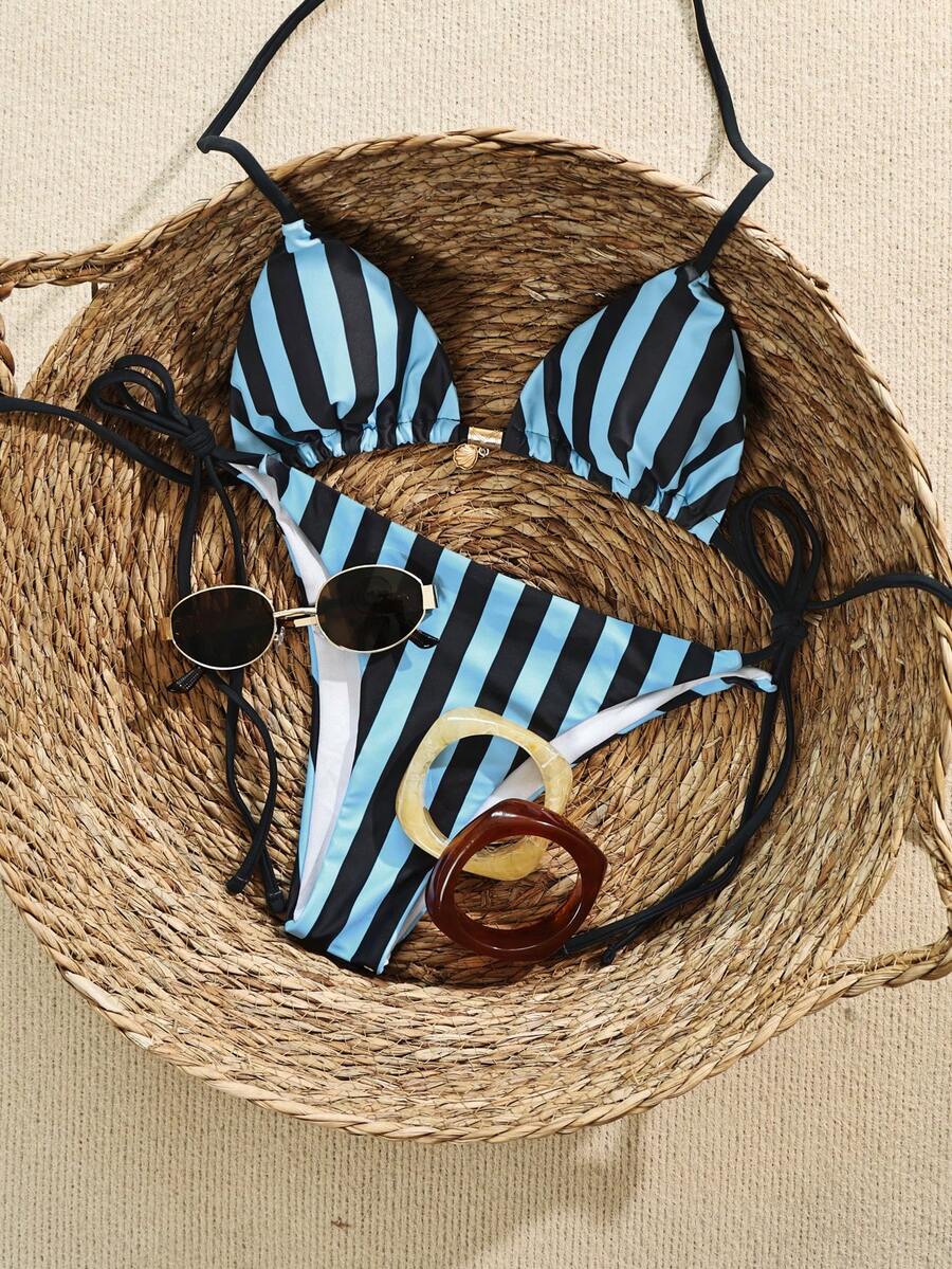 Bộ bikini hai mảnh gợi cảm dành cho nữ, kiểu cổ yếm, kẻ sọc, thắt nút, có dây buộc bên hông, chất liệu co giãn cao, thích hợp cho kỳ nghỉ. - Màu xanh lam - Xem 1