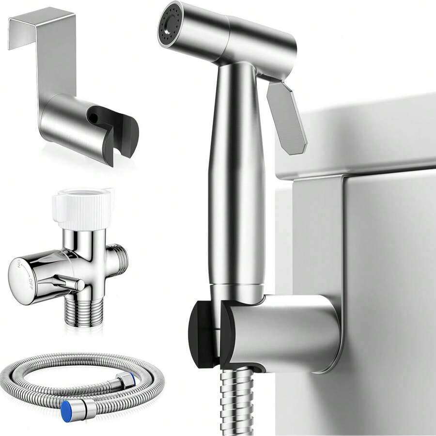 Handheld Bidet Sprayer For Toilet, Stainless Steel Adjustable Pressure Bidet Kit With Brass T-Valve, Multipurpose Toilet Spray For Feminine Hygiene, Baby Cloth Diaper Cleaning & Pet Wash - Silver - View 1