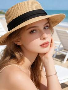 1 chiếc mũ chống nắng cho nữ, mũ rơm vành bằng, mũ rơm dệt kiểu Pháp, mũ rộng vành, mũ đi biển, có thể dùng làm quà tặng Ngày của Mẹ cho mẹ. - Nhiều màu - Xem 1