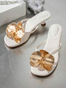 Summer Slip-On Sandals, Low Heel Floral One-Piece Open Toe Backless Slippers - Apricot - View 5