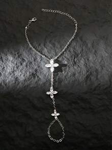 1pc New Flower Linked Finger Chain Bracelet, Versatile High-End Rhinestone Hand Chain Jewelry For Women - Silver - View 8