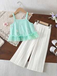 Girls Summer Fairy-Style 2 Pieces Set, Mint Green Embroidered Mesh Hem Cami Top + Pleated Wide Leg Long Pants, Fresh And Elegant - Mint Green - View 5