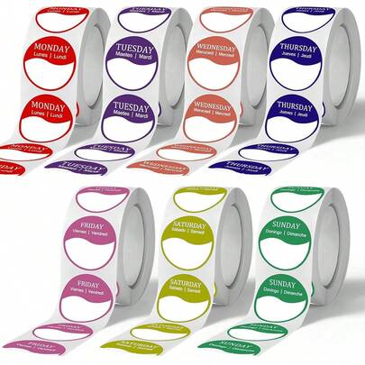 500pcs Blank Day Of The Week Labels, 3 Languages (English, Spanish, French), 1 Inch Round, 7 Colors, Handwritable, Color Coded Packaging, Monday To Sunday, Suitable For Candles, Storage Jars, Files, Kitchen, Dining, Home Organization