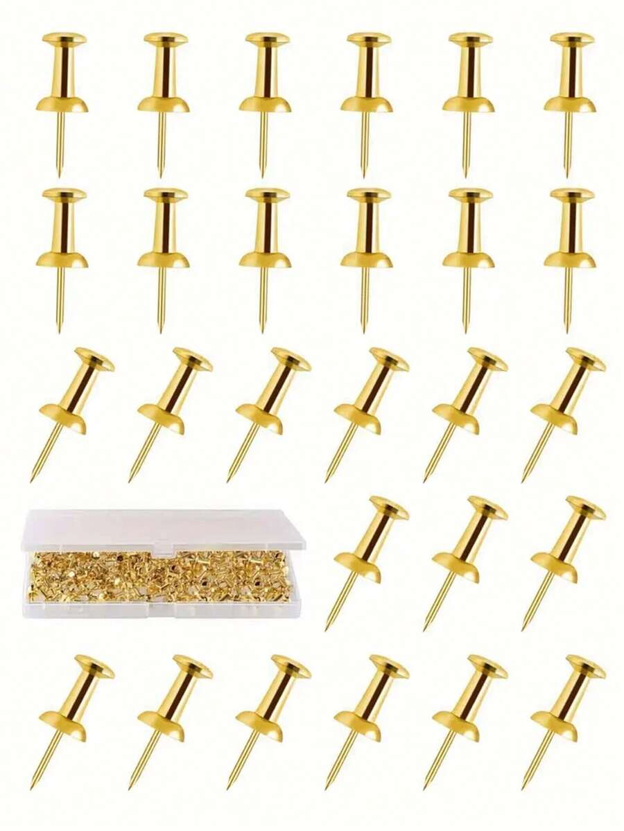 30pcs Gold Push Pins + Storage Box, Transparent Push Pins, Macaron Color Push Pins, Colorful Push Pins, Standard Plastic Gold Large Head Pins, Soft Board Hanging Notice Board Decoration Pins, Office Supplies Back To School Season (One Size Is Gold) - Sets - View 1