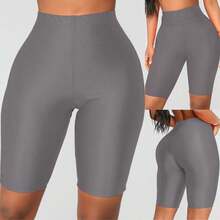 Womens Bike Yoga Shorts Elastic High Waist Shorts Fashion Leggings Sports Casual Pants Gym Elastic Workout Shorts - 灰色 - 查看 2