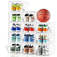 Paquete de 12 organizadores de almacenamiento de zapatos transparentes gruesos y resistentes con puerta magnética cajas de zapatos de plástico transparente apilables para clóset zapatero para - Claro - Ver 8